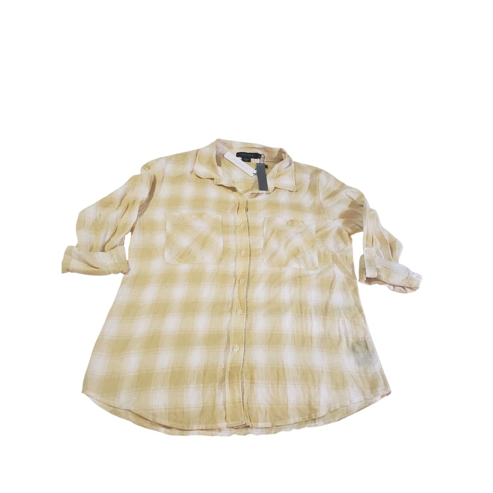 Sanctuary Boyfriend‎ Linen Shirt Womens Medium Yellow Checked Relaxed Minimalist